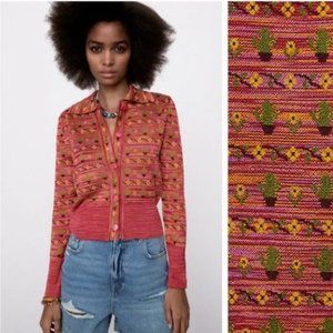 Zara Bright Pink Sunflower Cactus Button Up Cardigan and Cami NWOT